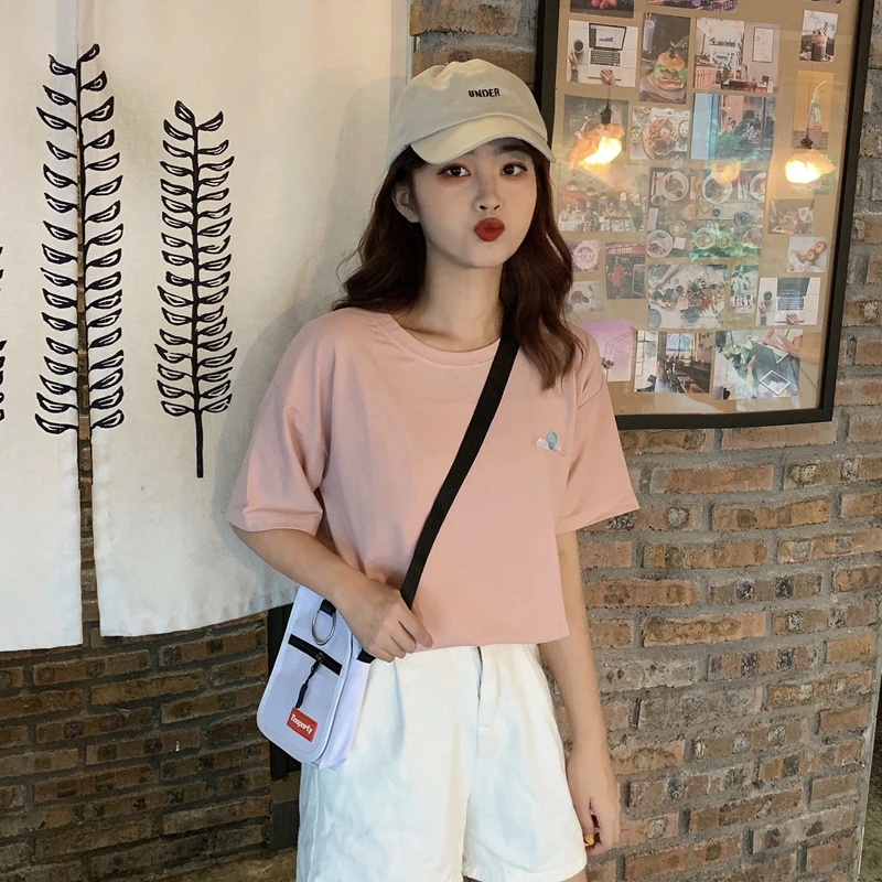 Винтажная футболка женская летняя хлопковая Топ простая вышивка Harajuku футболки Корейская одежда верхняя женская рубашка mujer футболки