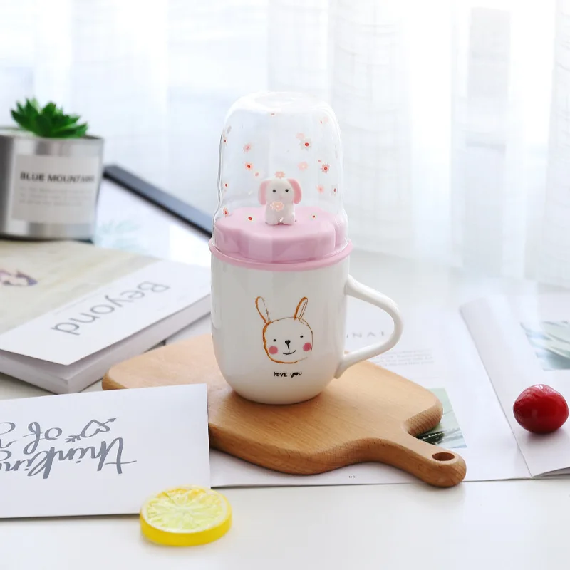 Brown Rabbit LOVE Мультфильм розовый кролик 3D микро пейзаж кружка для кофе дети молоко чашки Творческий Сплит Тип крышка Canecas Tazas Para Taza кафе - Цвет: Brown Rabbit LOVE
