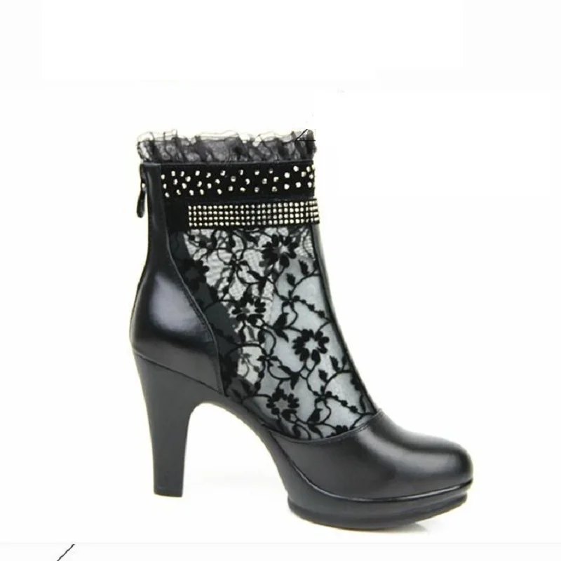 Летние женские ботильоны на высоком каблуке с вырезами шнуровке из дышащей сетки