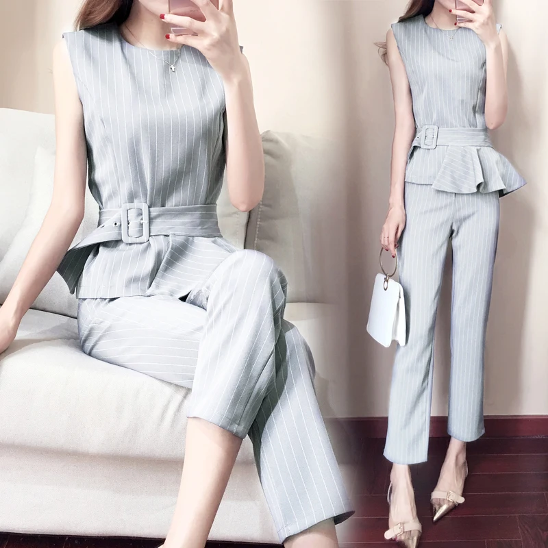 

fashion women Pant suits set summer New Women's Sets elegant striped tops and pants two piece set Overalls 2 piece sets