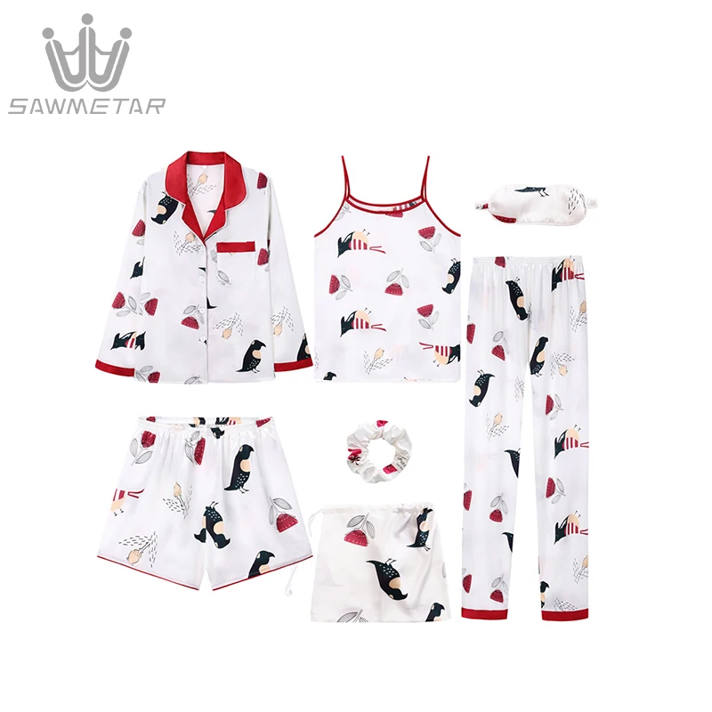 Women's 7 Pieces Pajamas Sets Emulation Silk Pijama Striped Pyjamas Women Long Sleeve Sleepwear Spring Summer Autumn Homewear