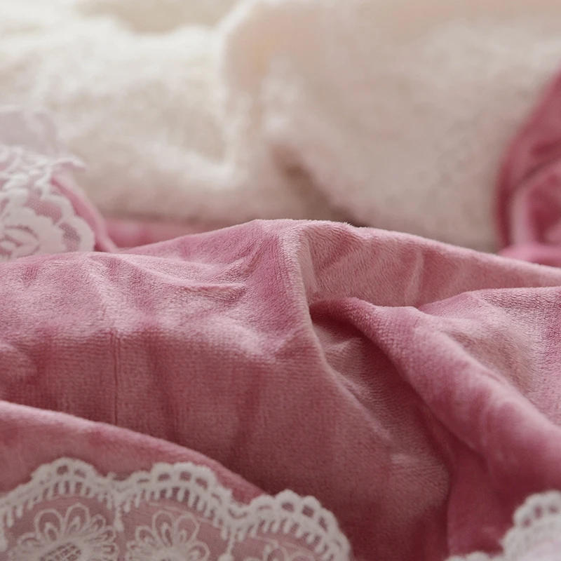 Blue Pink Purple Soft Berber Fleece Princess Girl White Lace Bedding Set Fleece Fabric Duvet Cover Bed sheet/Linen Pillowcases