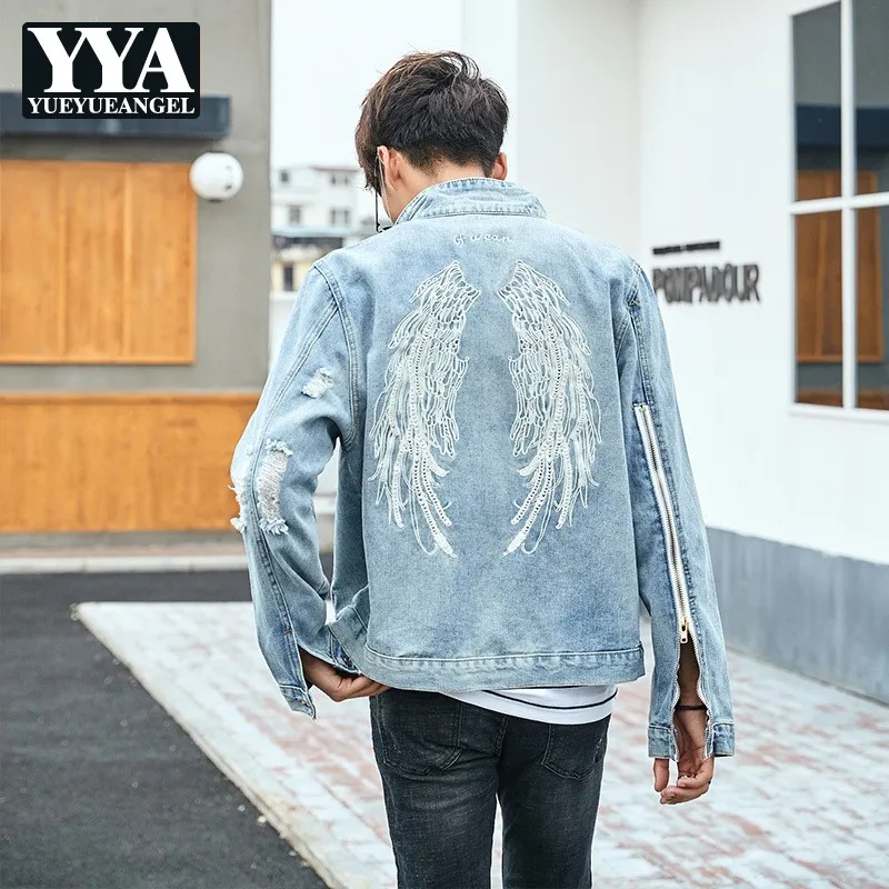 Мужская джинсовая куртка в стиле хип хоп облегающая рваная с длинными рукавами и