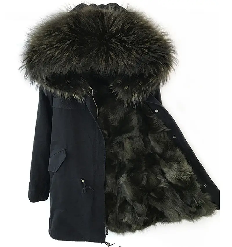 Black paka green fur Новинка, Женское зимнее пальто, армейский зеленый, толстая парка, большой воротник из натурального меха енота, с капюшоном, подкладка из лисьего меха, зимняя куртка - Цвет: Black paka green fur