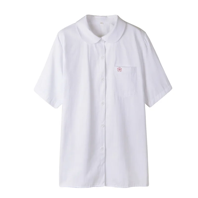

Jk uniforms summer shirt short-sleeve Peter Pan collar black/pink Cherry sakura Chest Pocket embroidery White Tops