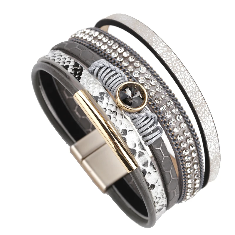 Amorcome Mulitlayer Leather Bracelets For Women Female Summer Trendy Design Metal Charm Wide Bracelets& Bangles Female Jewelry