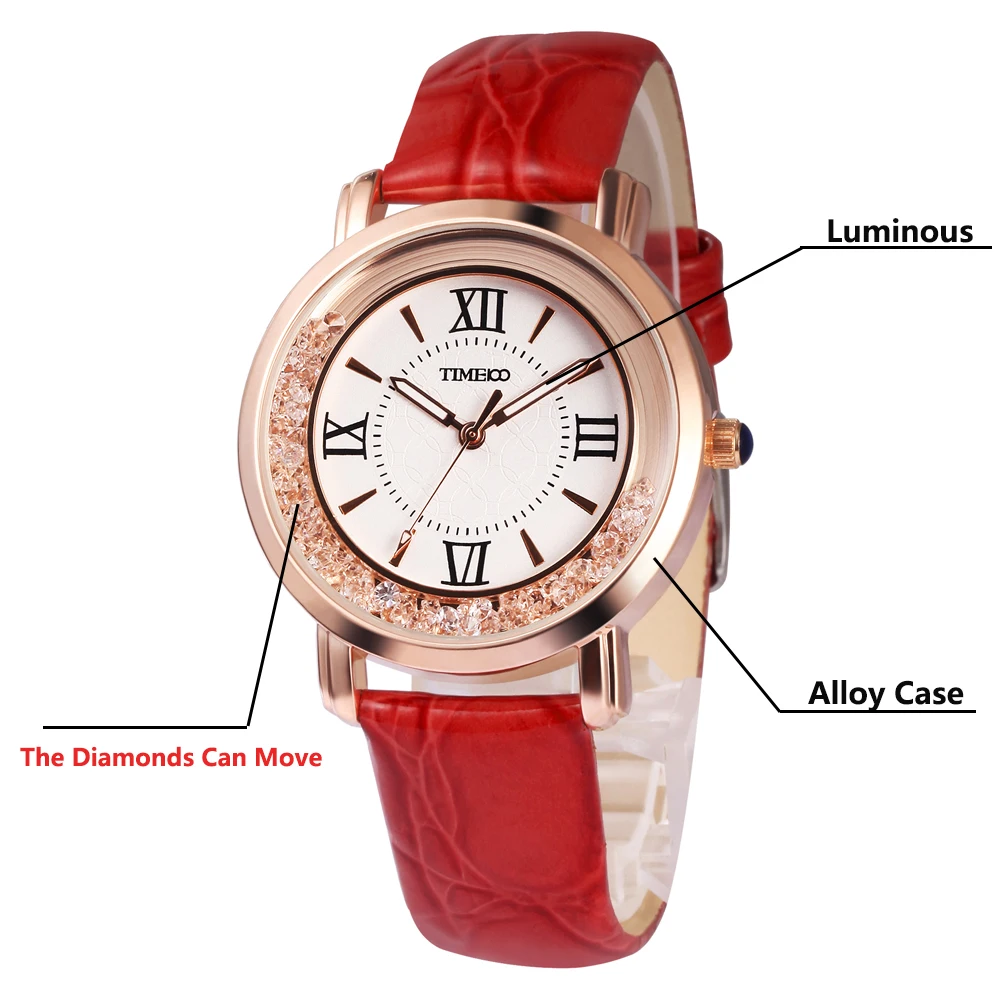 TIME100 часы женские c передвижной стразы наручные красный кожаный ремешок римская