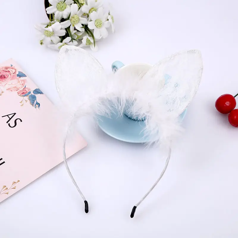 Повязка на голову с пушистыми перьями и кружевными кошачьими ушками| |