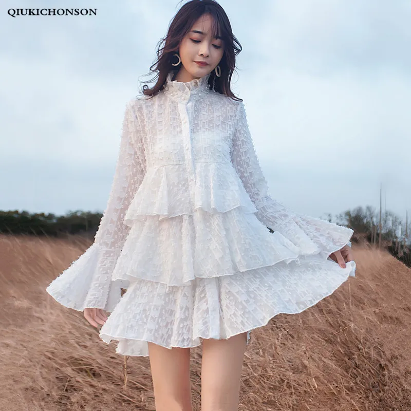 

Spring Summer Long Flare Sleeve White Fuzzy Chiffon Dress Women Cute Frill Neck Beading Single-breasted Ruffle Shirt Dresses