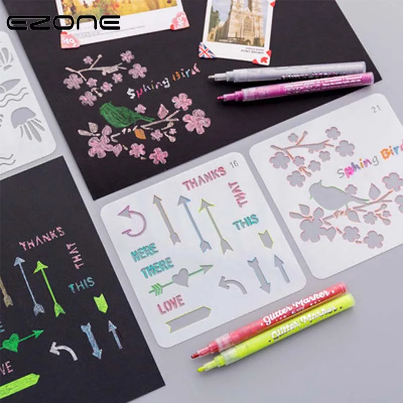

EZONE 1PC Hollow Painting Template Multi-Function Ruler Various Flower Graffiti Templates PP Drawing Promotion Gift Stationery