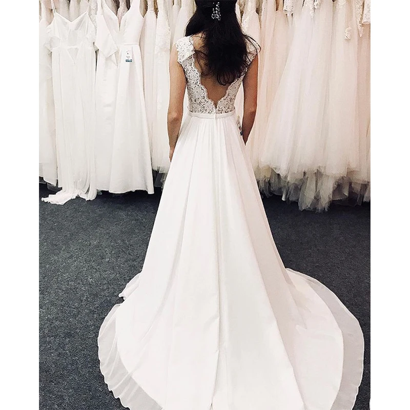 Женское свадебное платье трапеция без рукавов с V образным вырезом|Свадебные