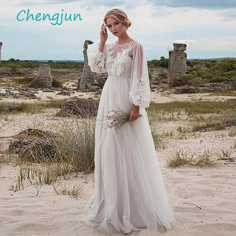 

Chengjun High Quality O Neck Long Sleeve Beach Style Simple Wedding Dress