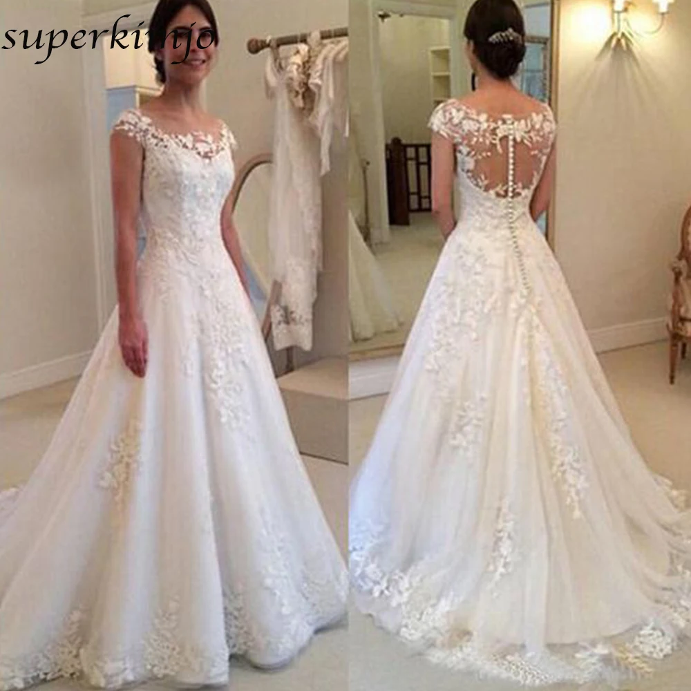 Real Wedding Dresses 2019 Abito da Sposa Crew Neckline Lace Appliques A Line Tulle Bridal Vestidos de Noiva | Свадьбы и торжества