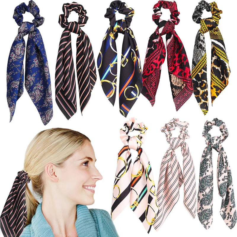 

(8 Pieces/lot) Fashion Women Scrunchies Streamers Ponytail Hair Ring Large Circle Satin Elastic Hair Band Hair Accessories