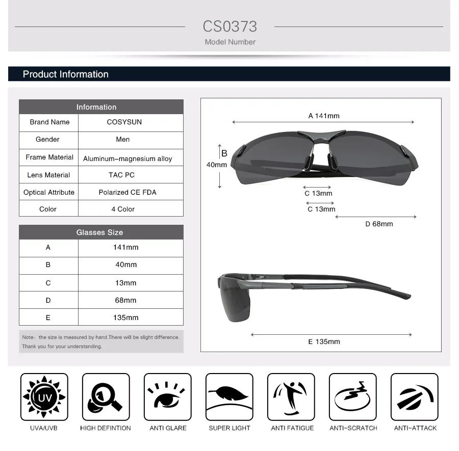 COSYSUN, брендовые поляризованные солнцезащитные очки, мужские солнцезащитные очки, для вождения, алюминиевый сплав магния, оправа, солнцезащитные очки, для рыбалки, Gafas de sol 0373