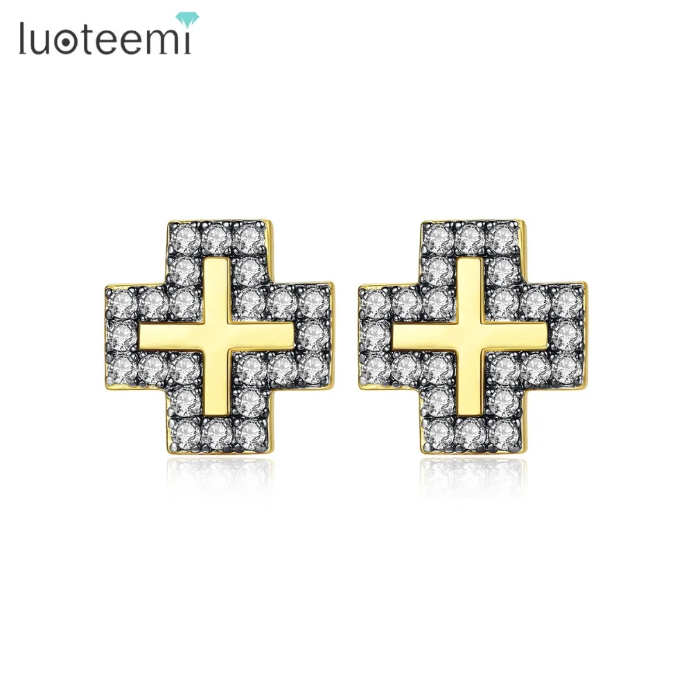 

LUOTEEMI Cute Cross Stud Earrings for Women Dating Party Luxury CZ Exquisite Two Colors Female Jewelry Pendientes Christmas Gift