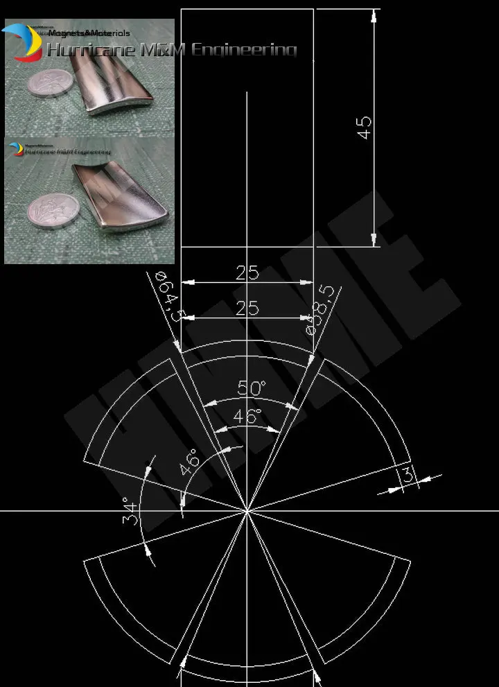 

60 pieces NdFeB Magnet Arc OD64.5xID58.5x25.0Widthx50deg.x45 mm Motor magnet for generators wind turbine Neodymium Magnet