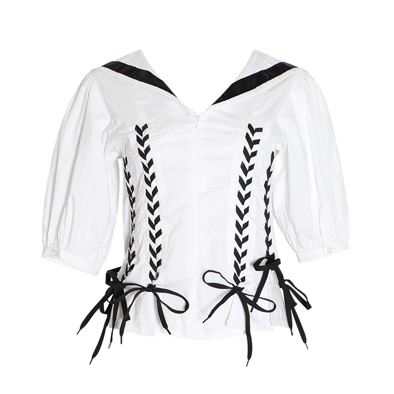 TWOTWINSTYLE Casual Bandage Blouse For Women O Neck Puff Sleeve Tunic Shirt Female Fashion Preppy Style Clothes 2019 Summer |