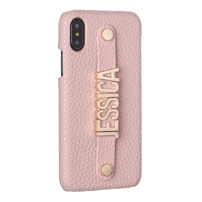 

Holding Strap Metal Personalization Your Name Pebble Grain Leather Phone Case For iPhone 12 11 Pro XS Max XR 7 7Plus 8 8Plus X