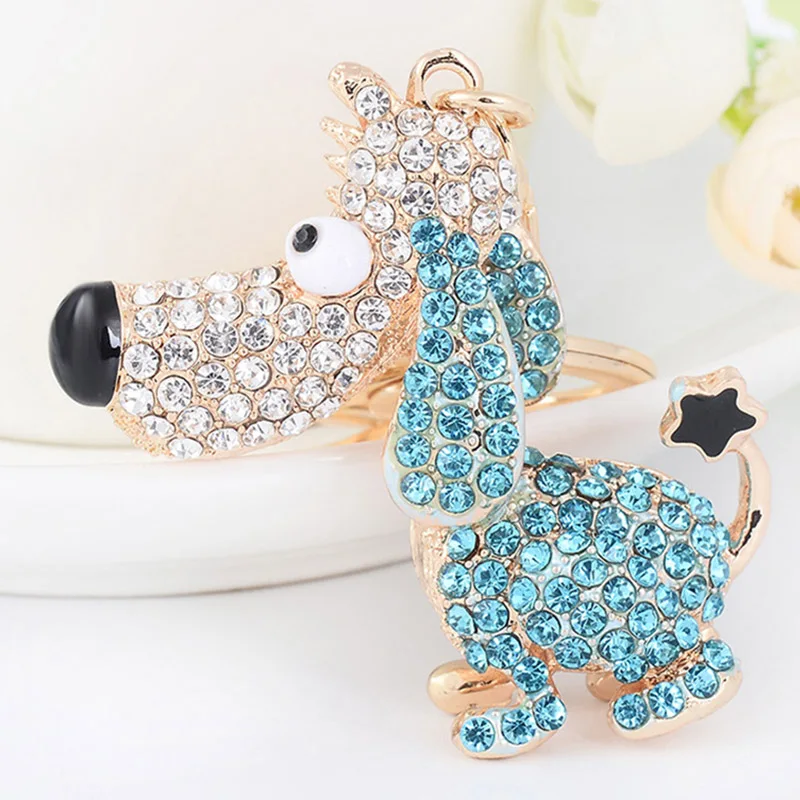 Blue Милый Кристалл собака брелок для ключей с домашним животным Для женщин горного хрусталя щенок, ключница для автомобильных ключей, Сумки из натуральной кожи кулон брелок очаровательные подарочные украшения - Цвет: Blue