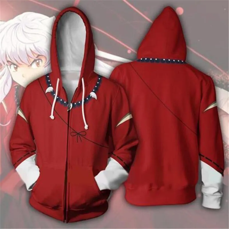Красный Аниме Inuyasha тот же абзац молния толстовка капюшон для косплея свитер аниме одежда бренд - Цвет: Красный