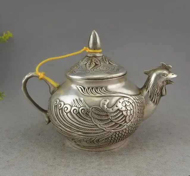 

China collection archaize white copper phoenix teapot craft statue