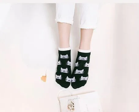 10pairs/lot Japanese and korean style women Cat Black White Casual ankle cotton socks boat sock slippers