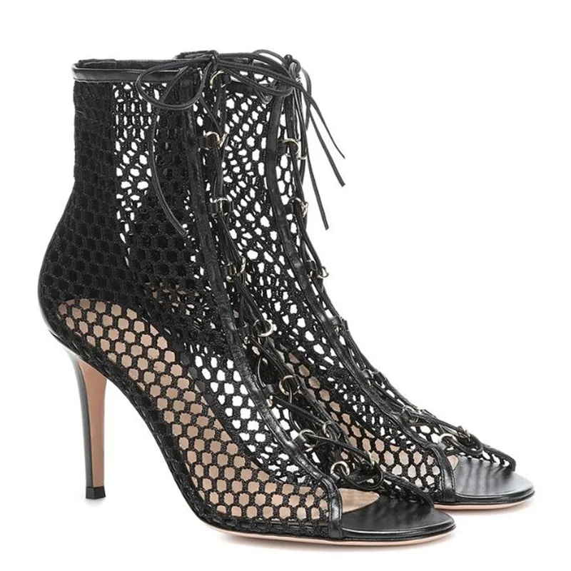Женские Дышащие ботильоны на шнуровке с открытым носком высоком каблуке лето