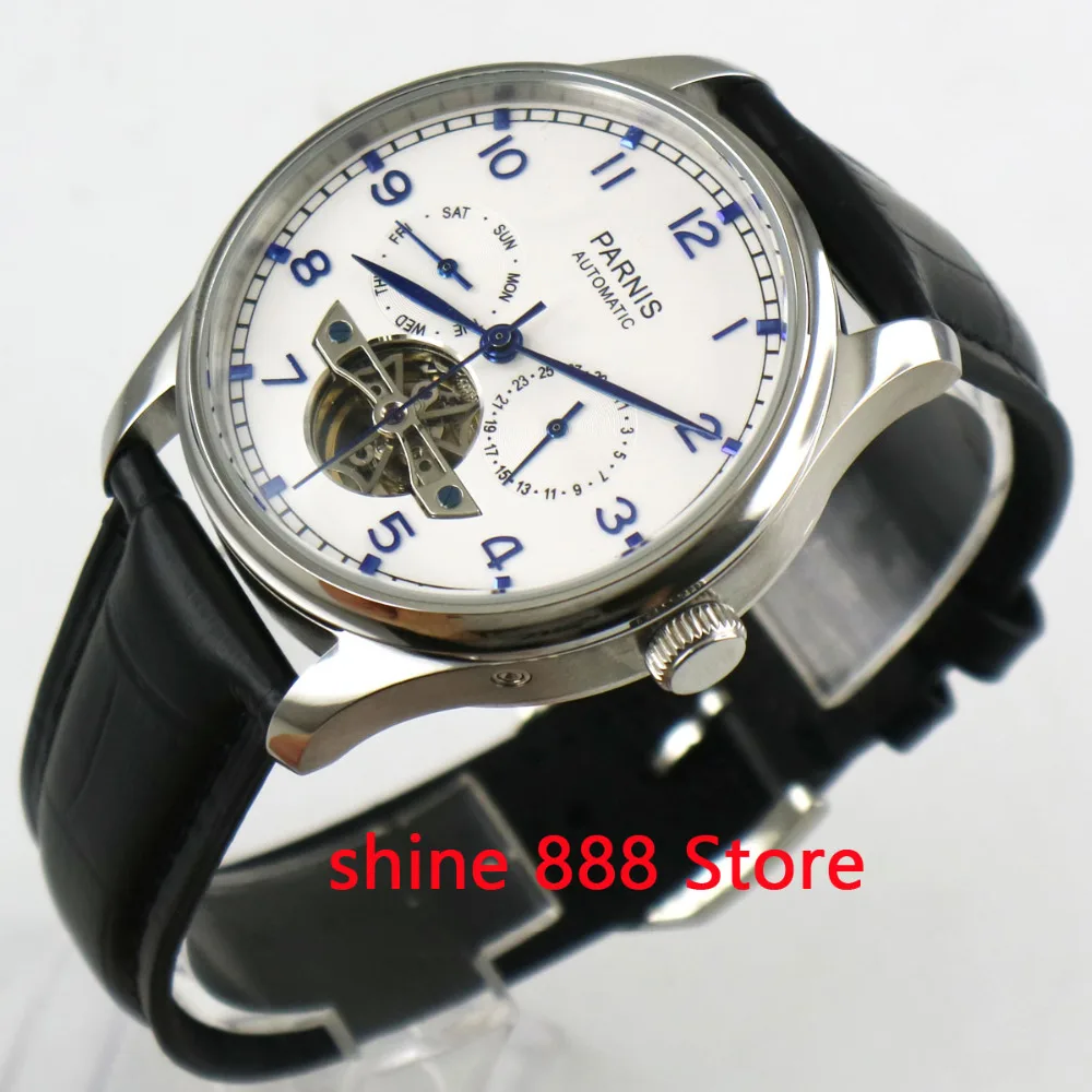 

43mm parnis white dial Black strap date day ST2552 automatic movement mens watch P9