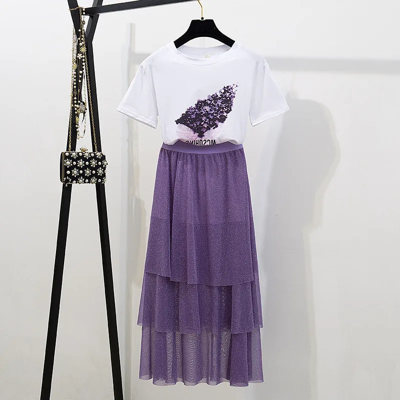 

ICHOIX S-XL 2 pieces sets women casual two piece skirt sets Plus size Korean chic t shirt Ruffle long skirt summer sets 2019