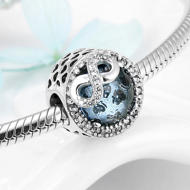 925 Sterling Silver Round shape Blue CZ Eternal love Charms Beads fit Pandora for Women Bracelets Bangles DIY Jewelry making | Украшения и