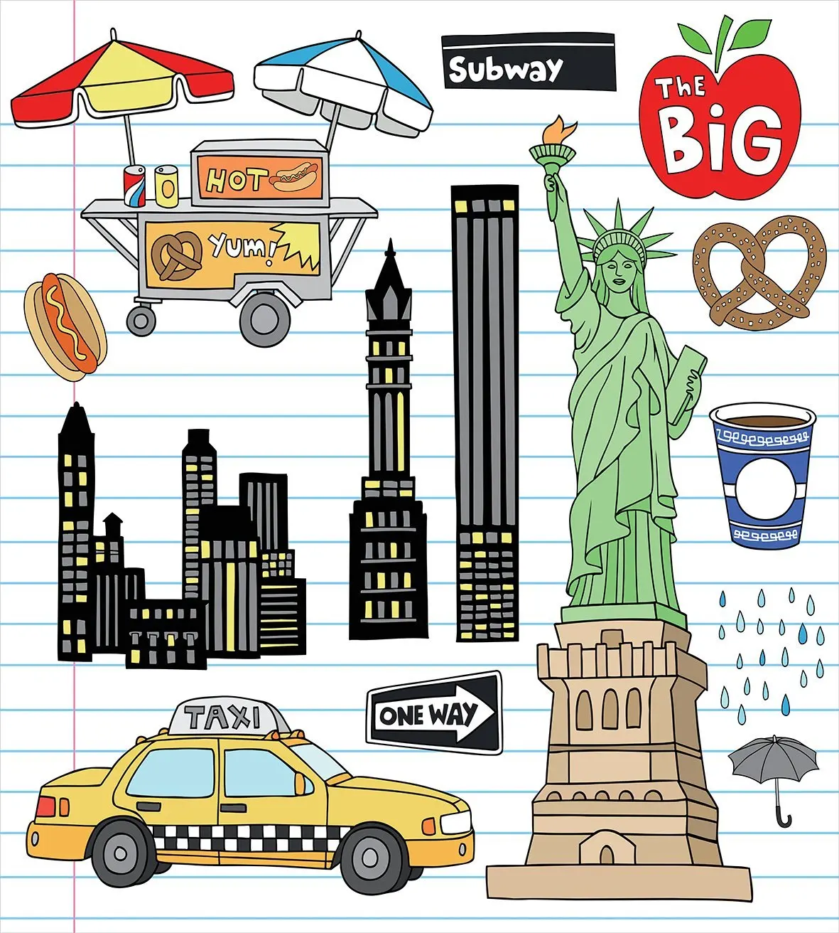 Doodle постельное белье Нью Йорка Манхэттена Статуя Свободы Big Apple хот догами эскиз