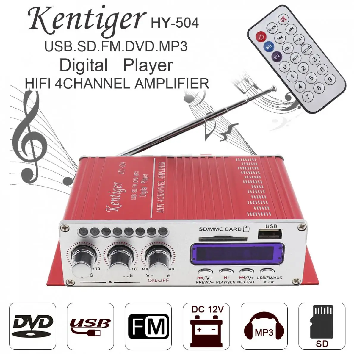 

Kentiger DC12V-5A 4CH HI-FI Car Audio Power Amplifier FM Radio Player Support SD USB DVD MP3 Input for Car Motorcycle Home