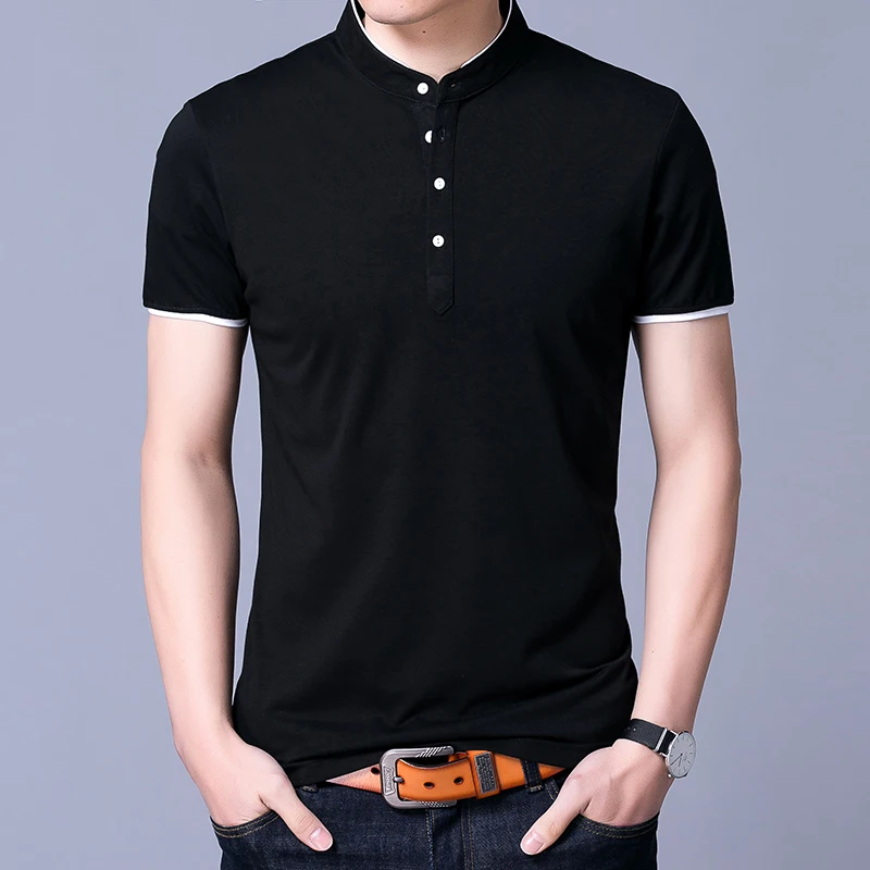 Футболка мужская с воротником-стойкой модная тенниска из чистого хлопка майка