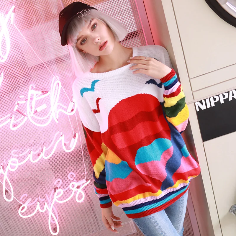 Women New vintage warm sweaters Rainbow Striped pullovers winter Spring knitted retro loose tops blusas C-078 | Женская одежда