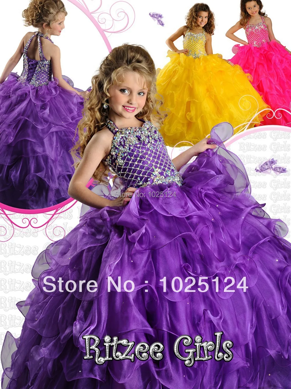 Free Shipping Custom Made New Ball Gown Halter Floor Length Purple Organza Beaded Tiered Girl Pageant Dresses 2015 | Свадьбы и