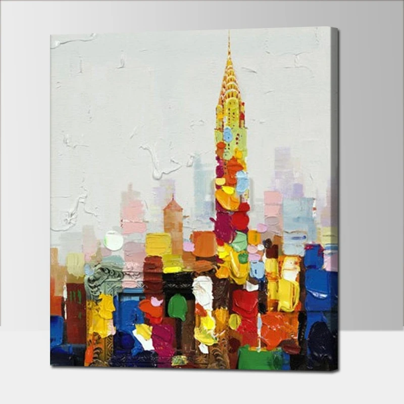 

Modern Abstract Building Oil Painting Hand Painted Building Canvas Painting for Living Room Colorful Oil Canvas Paint Unframed
