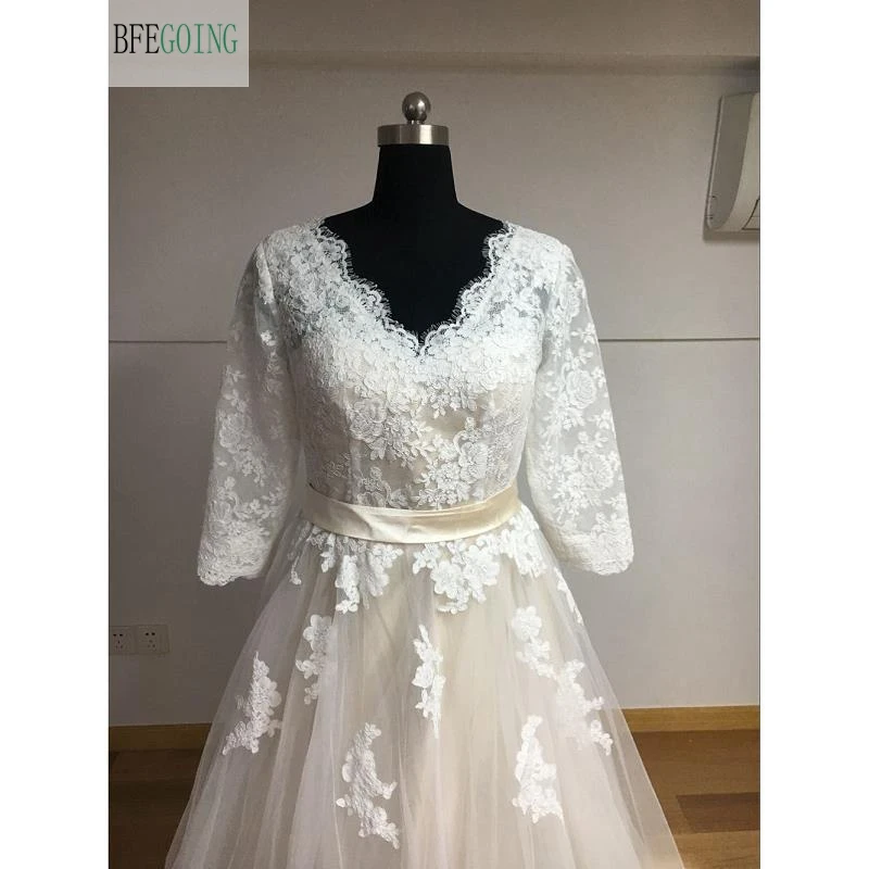Ivory Lace Tulle Floor-Length V-Neck A-line Wedding dresses 3/4 Sleeves Bridal Gown Custom made | Свадьбы и торжества