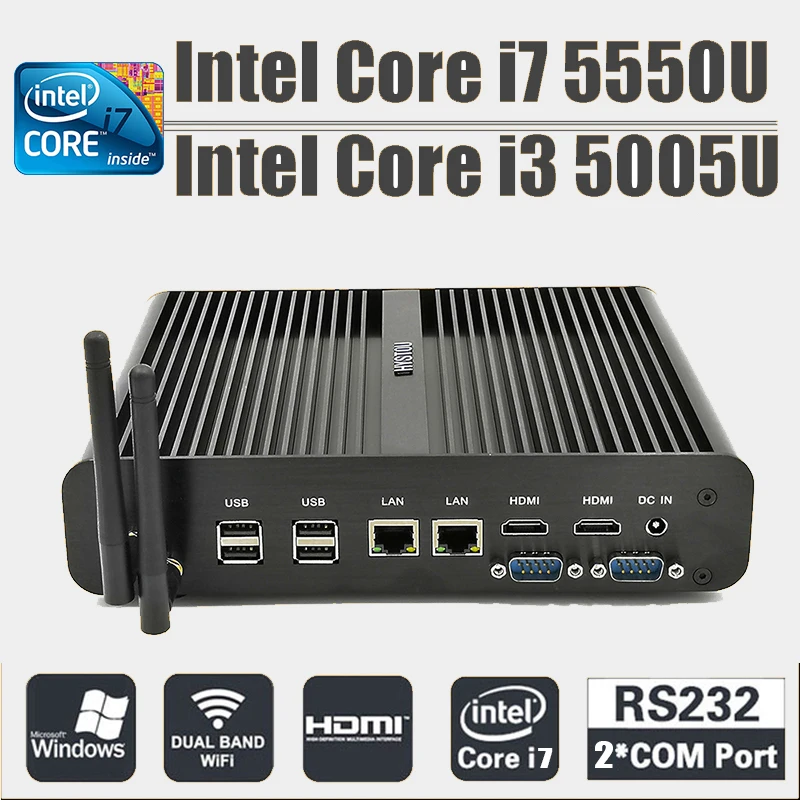Мини ПК Intel i7 Core 5500u Безвентиляторный Компьютер с двойной Lan 2 HDMI i3 Mini Desktop RS232 COM 8 USB