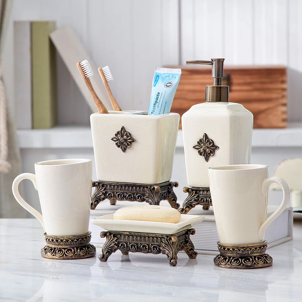 

European bathroom wash set five-piece ceramic bathroom bathroom supplies wash cup tooth cup tooth with soap box LO725313