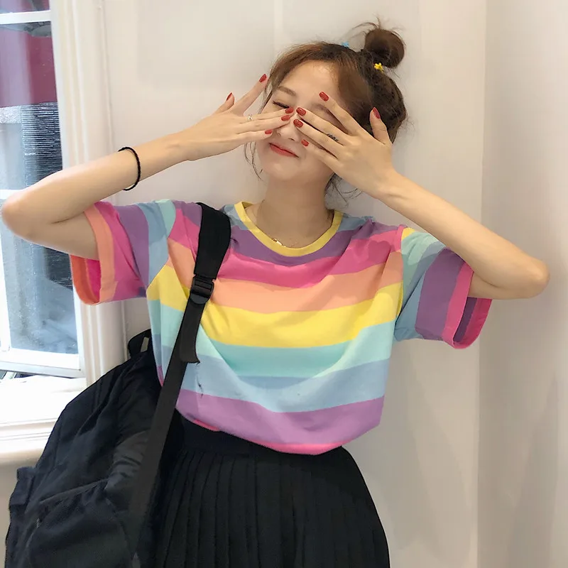 Женская одежда милые радужные полосатые топы ulzzang свободные футболки harajuku с