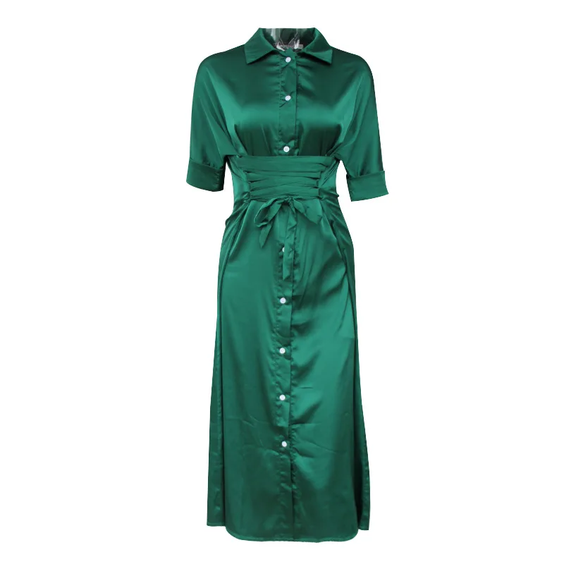 

2020 women's new Hong Kong-flavored dress dress Fashion lapel waist with slim short-sleeved dress female
