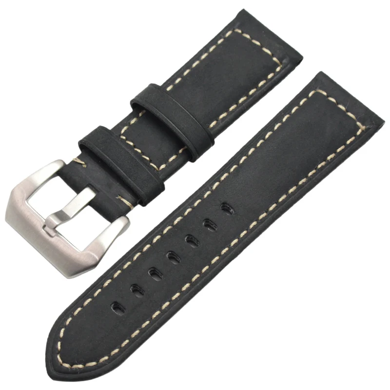 Black silver buckle Натуральная кожа Ремешки для наручных часов для мужчин Высокое качество Толстые часы ремешок 22 мм 24 мм коричневый черный наручные часы ремень пряжка для Panerai - Цвет ремешка: Black silver buckle