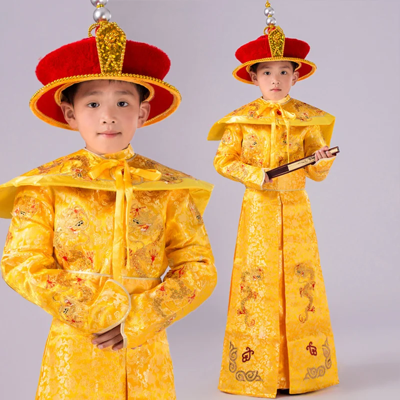 

Китайский мужской костюм императора Дракона Для Мальчиков, костюм ханьфу, древняя Династия Цин, Императорский принц, детские костюмы