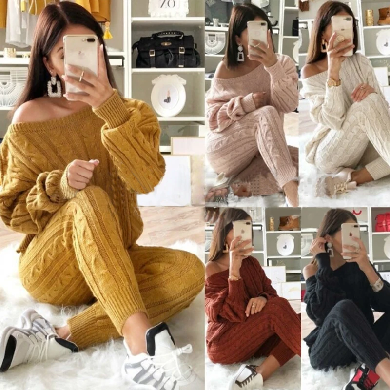 Twist Knitted 2 Piece Set Women Long Sleeve Pullover Sweater + Split Pants Sexy Lady Knitting trousers Suit | Женская одежда