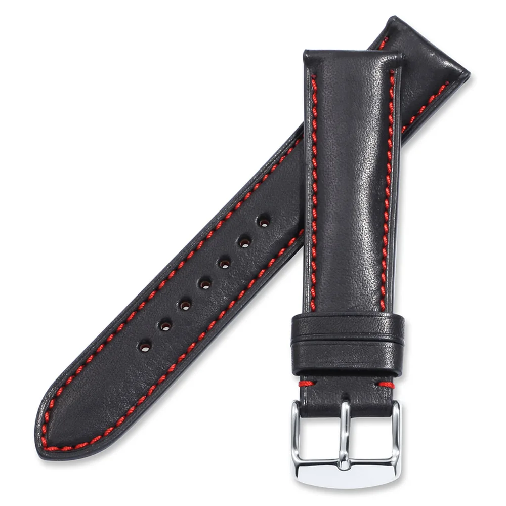 black with red IStrap Франции ремешок из телячьей кожи 18 мм до 22 мм Натуральная кожа браслет с серебряной пряжкой для IWC Omega Seiko - Цвет ремешка: black with red
