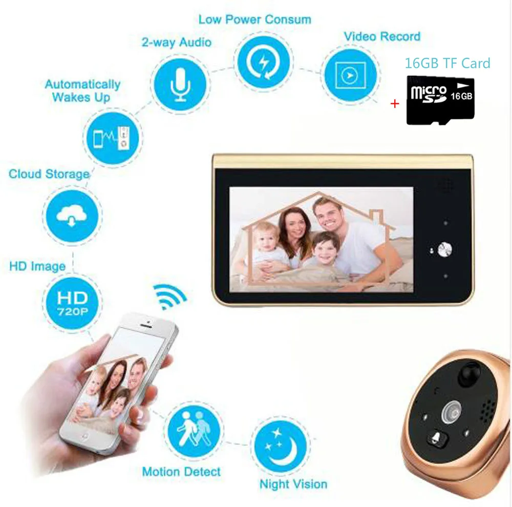 4 3-дюймовый монитор Смарт глазок видео дверной звонок кольцо HD720P Wifi камера 16 Гб PIR
