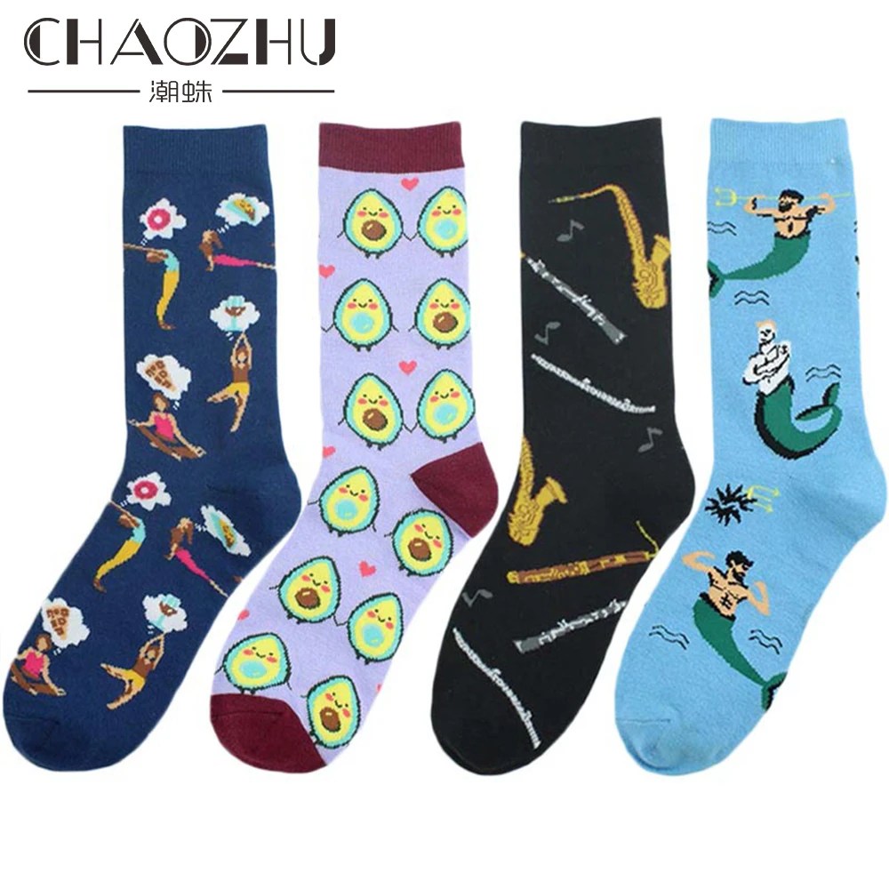 CHAOZHU Смешные креативные Русалочки мужские и женские саксофоны музыкальный инструмент авокадо Мультфильм Мужчины Юмор скейтборд улица носки