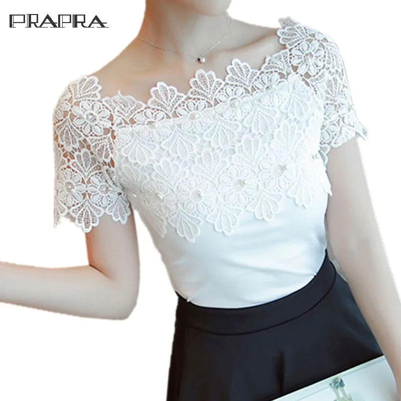 

New Women Blouse Lace Patchwork Shirt Off Shoulder Short Sleeved Crochet Summer Slim Hollow White Renda Sexy Casual Top