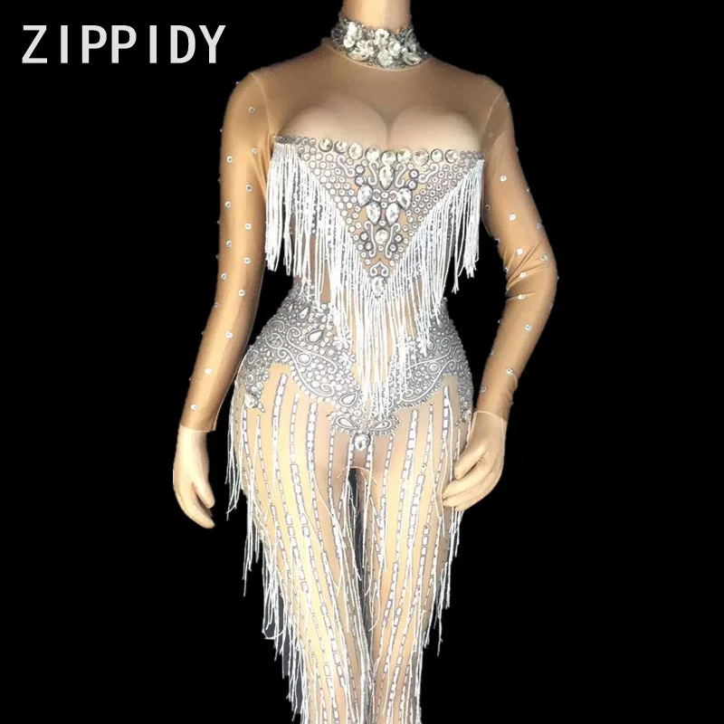 Блестящие стразы белый пикантный комбинезон с кисточками Женский Блестящий